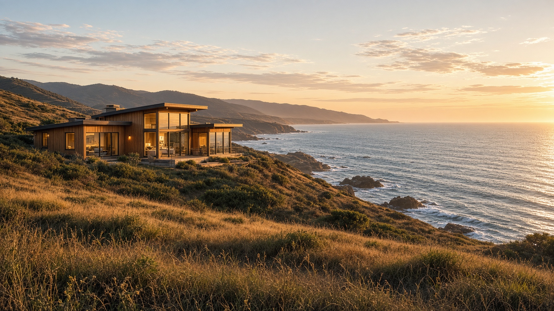 A contemporary coastal home on a Central Coast bluff at golden hour
